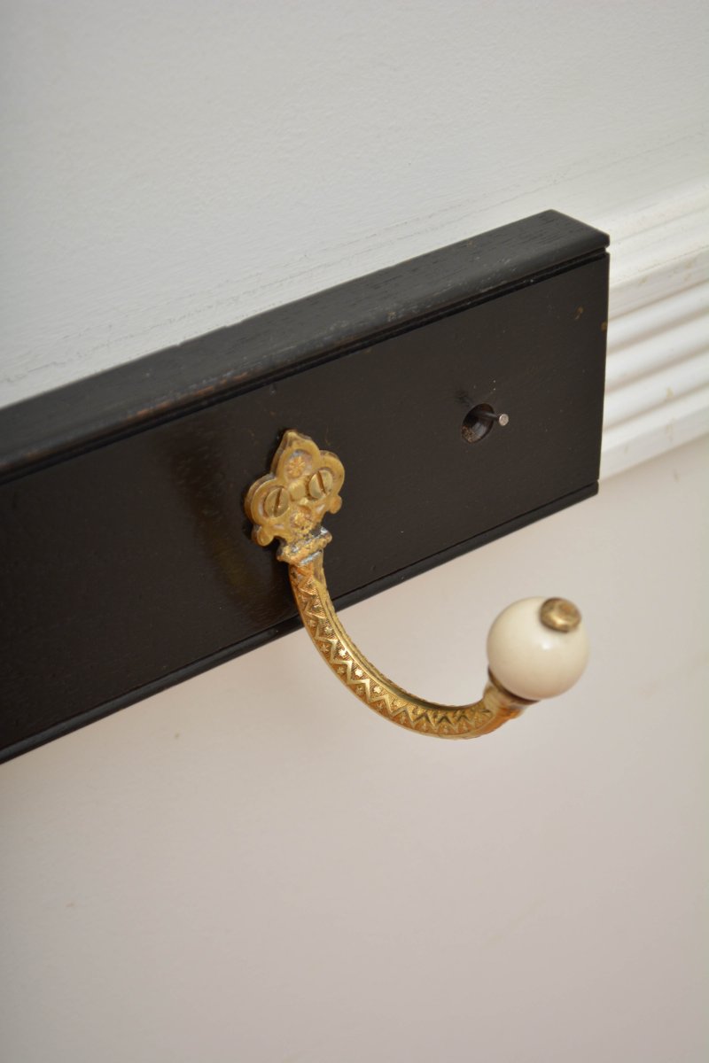 Pair Of Antique Victorian Ebonised Brass And Ceramic Coat Rack Coat Hooks - Image 6